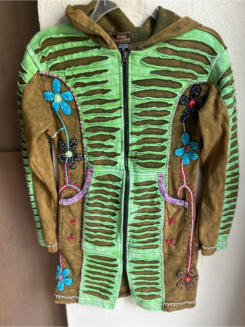Rising International hippie boho zip up hooded jacket Size Small